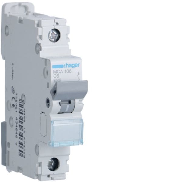 HAGER BOCCHIOTTI - Interruttore automatico magnetotermico 6000A 10kA 1P curva C 6A 1M MCA106