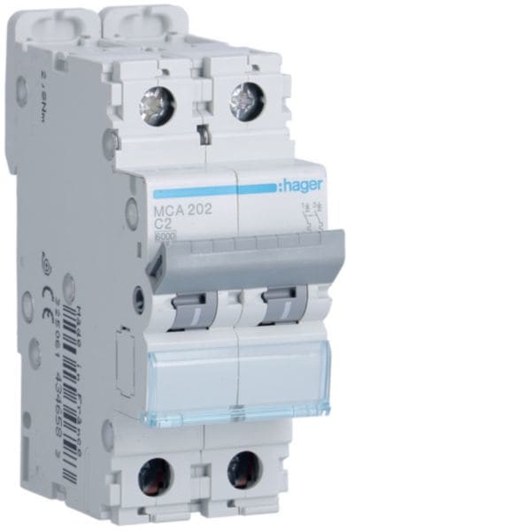 HAGER BOCCHIOTTI - Interruttore automatico magnetotermico 6000A 10kA 2P curva C 2A 2M MCA202