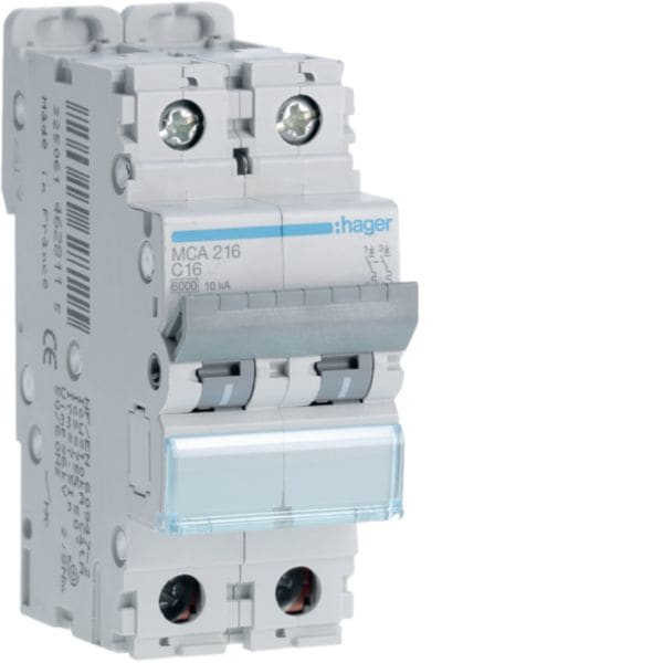 HAGER BOCCHIOTTI - Interruttore automatico magnetotermico 6000A 10kA 2P curva C 16A 2M MCA216