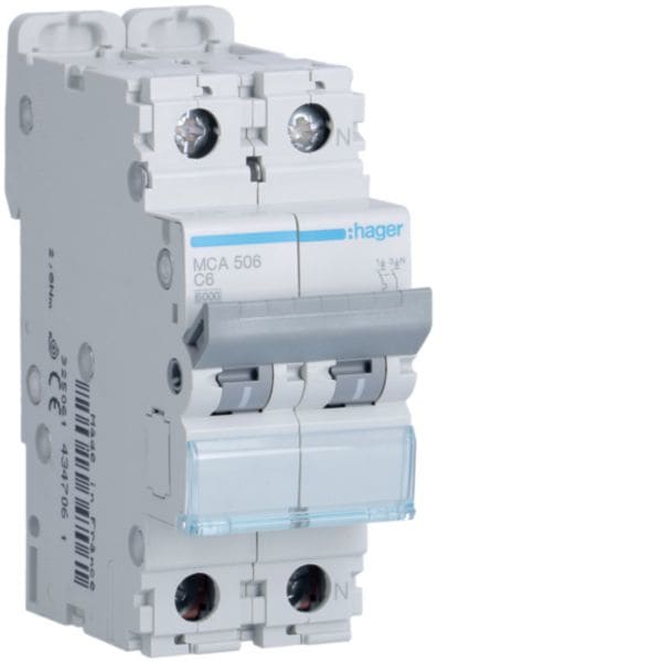HAGER BOCCHIOTTI - Interruttore automatico magnetotermico 6000A 10kA 1P+N curva C 6A 2M MCA506