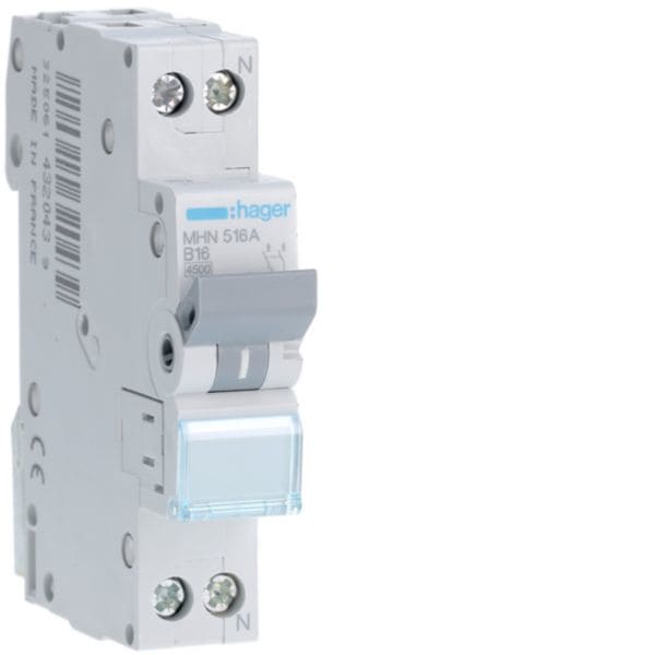 HAGER BOCCHIOTTI - Interruttore automatico magnetotermico 4500A 1P+N curva B 16A 1M MHN516A
