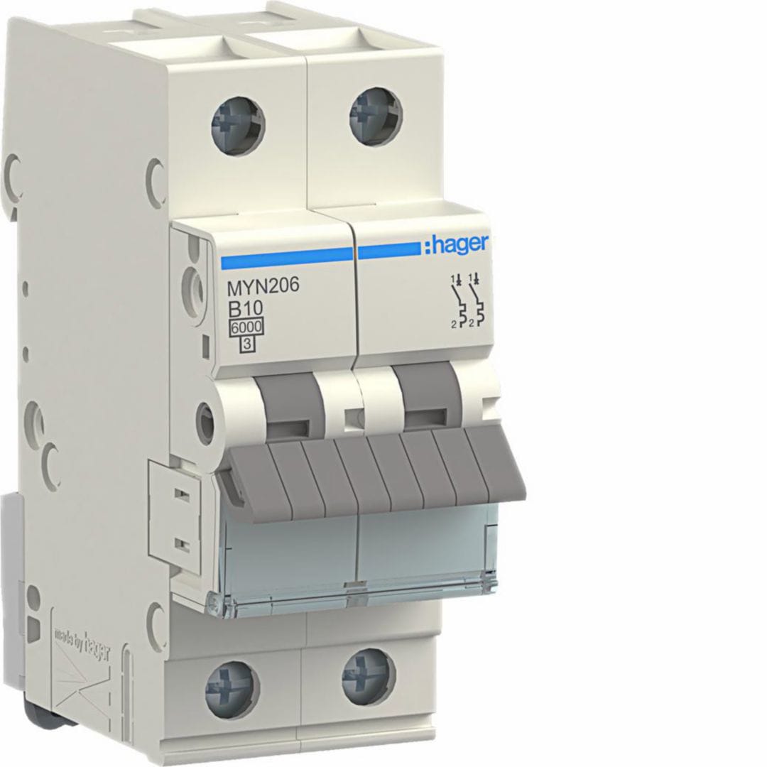 HAGER BOCCHIOTTI - Interruttore automatico magnetotermico 4500A 2P curva C 6A 2M MYN206
