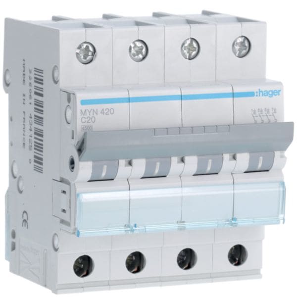 HAGER BOCCHIOTTI - Interruttore automatico magnetotermico 4500A 4P curva C 20A 4M MYN420