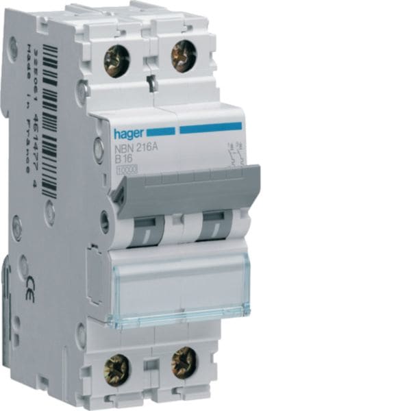 HAGER BOCCHIOTTI - Interruttore automatico magnetotermico 10000A 15kA 2P curva B 16A 2M NBN216A