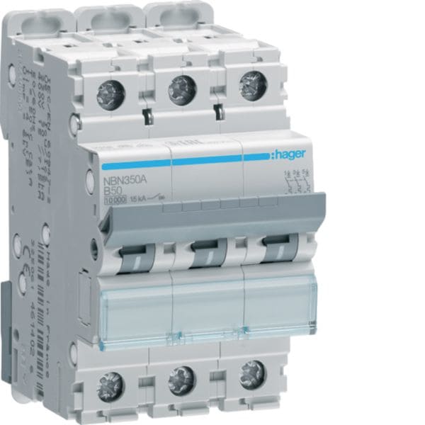 HAGER BOCCHIOTTI - Interruttore automatico magnetotermico 10000A 15kA 3P curva B 50A 3M NBN350A