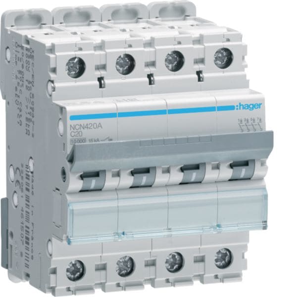 HAGER BOCCHIOTTI - Interruttore automatico magnetotermico 10000A 15kA 4P curva C 20A 4M