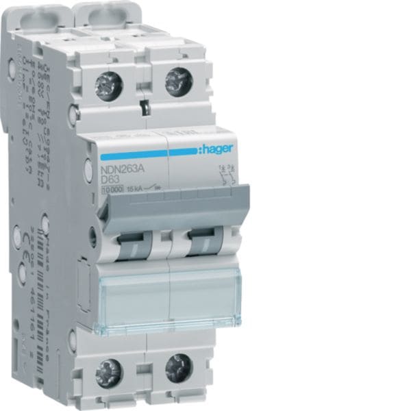 HAGER BOCCHIOTTI - Interruttore automatico magnetotermico 10000A 10kA 2P curva D 63A 2M NDN263A