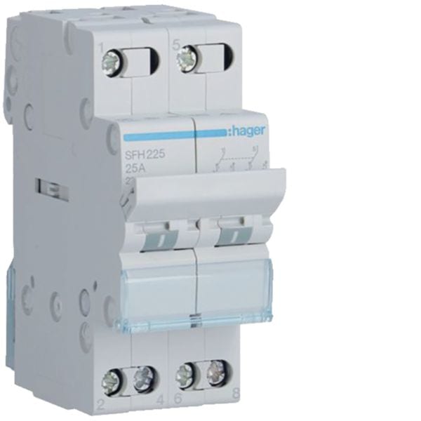 HAGER BOCCHIOTTI - Deviatore 1-2 2 poli 2 NA + 2 NC 25 A 2 moduli DIN comune in alto SFH225