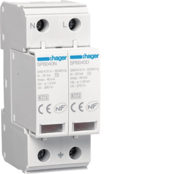 HAGER BOCCHIOTTI - SPD 2P T2 TNS/TT Uc 275V In 20kA Imax 40kA SPB240D