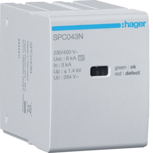 HAGER BOCCHIOTTI - Cartuccia T3 3P Uc 264V In 3kA Uoc 6kV Up 1.4kV