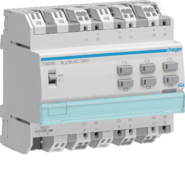 HAGER BOCCHIOTTI - Modulo KNX 6 uscite 16A 230V AC carichi capacitivi con misuratore di corrente 4M TYA606E
