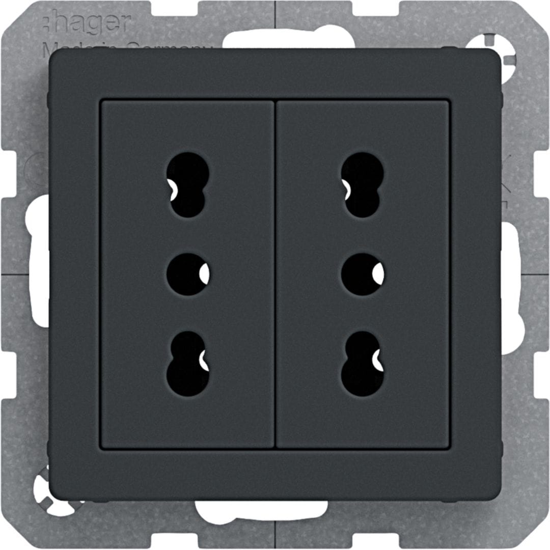 HAGER BOCCHIOTTI - Presa italiana con terra doppia 10 A/16 A Serie Q.1/Q.3 antrac.vellut, vern.