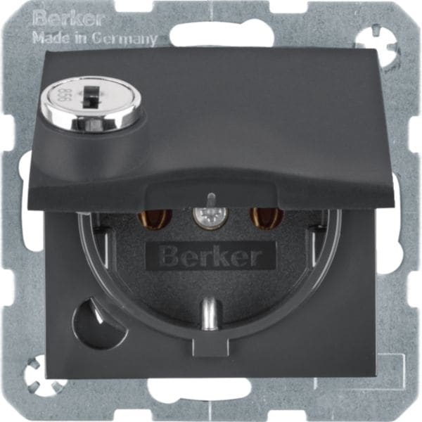 HAGER BOCCHIOTTI - Presa SCHUKO con mors. sollev. a vite, anta battente, serratura, antracite opaco