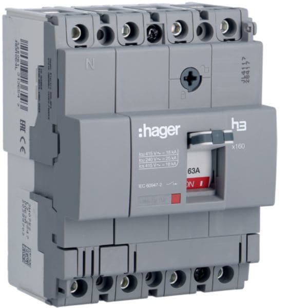 HAGER BOCCHIOTTI - Interruttore automatico scatolato h3 x160 TM 4P 18kA 63A