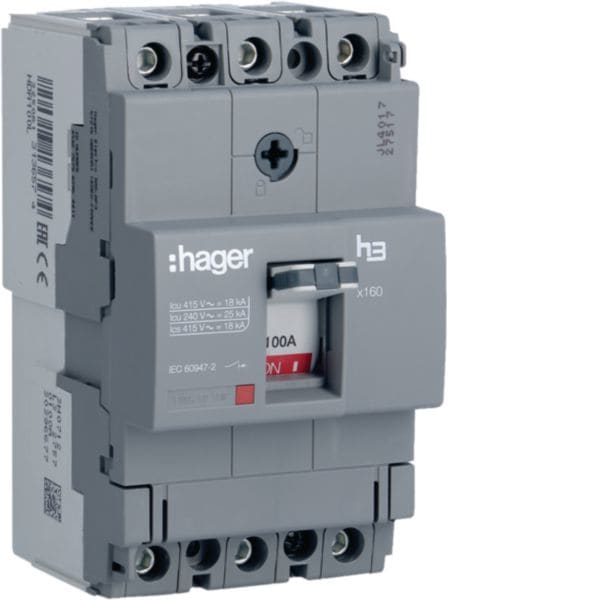 HAGER BOCCHIOTTI - Interruttore automatico scatolato h3 x160 TM 3P 18kA 100A