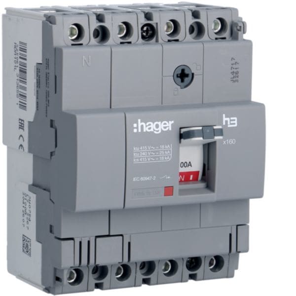HAGER BOCCHIOTTI - Interruttore automatico scatolato h3 x160 TM 4P 18kA 100A