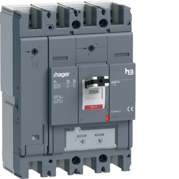 HAGER BOCCHIOTTI - Interruttore automatico scatolato h3 x630 TM 4P 25kA 250A neutro regolabile