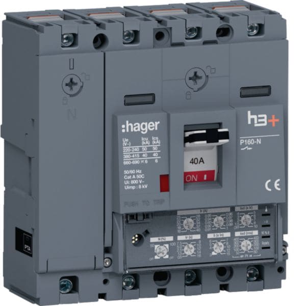 HAGER BOCCHIOTTI - Interruttore automatico scatolato h3+ P160 LSI 4P 40kA 40A neutro regolabile