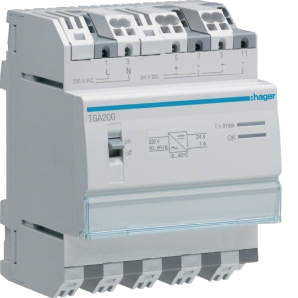 HAGER BOCCHIOTTI - Alimentatore 24V DC 1A con interruttore On/Off 4M