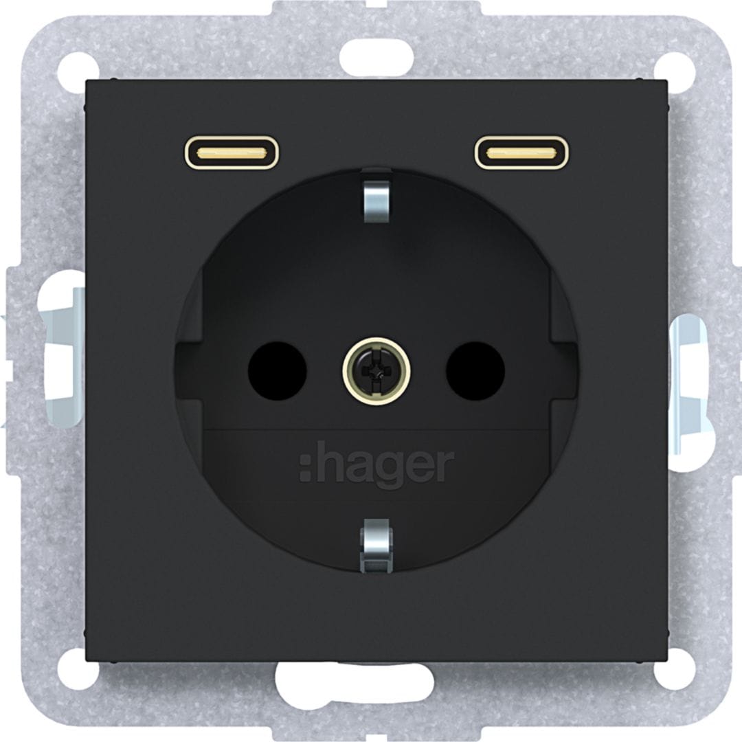 HAGER BOCCHIOTTI - PR.SCHUKO+SHUTTER+USB-C A.X/C.X NERO OP