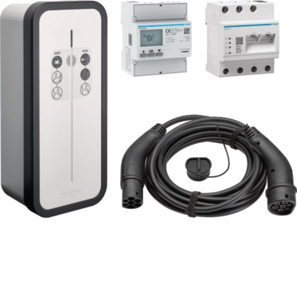 HAGER BOCCHIOTTI - Stazione ricarica witty solar 1 presa T2S 3P 22kW server flow, contatore e cavo