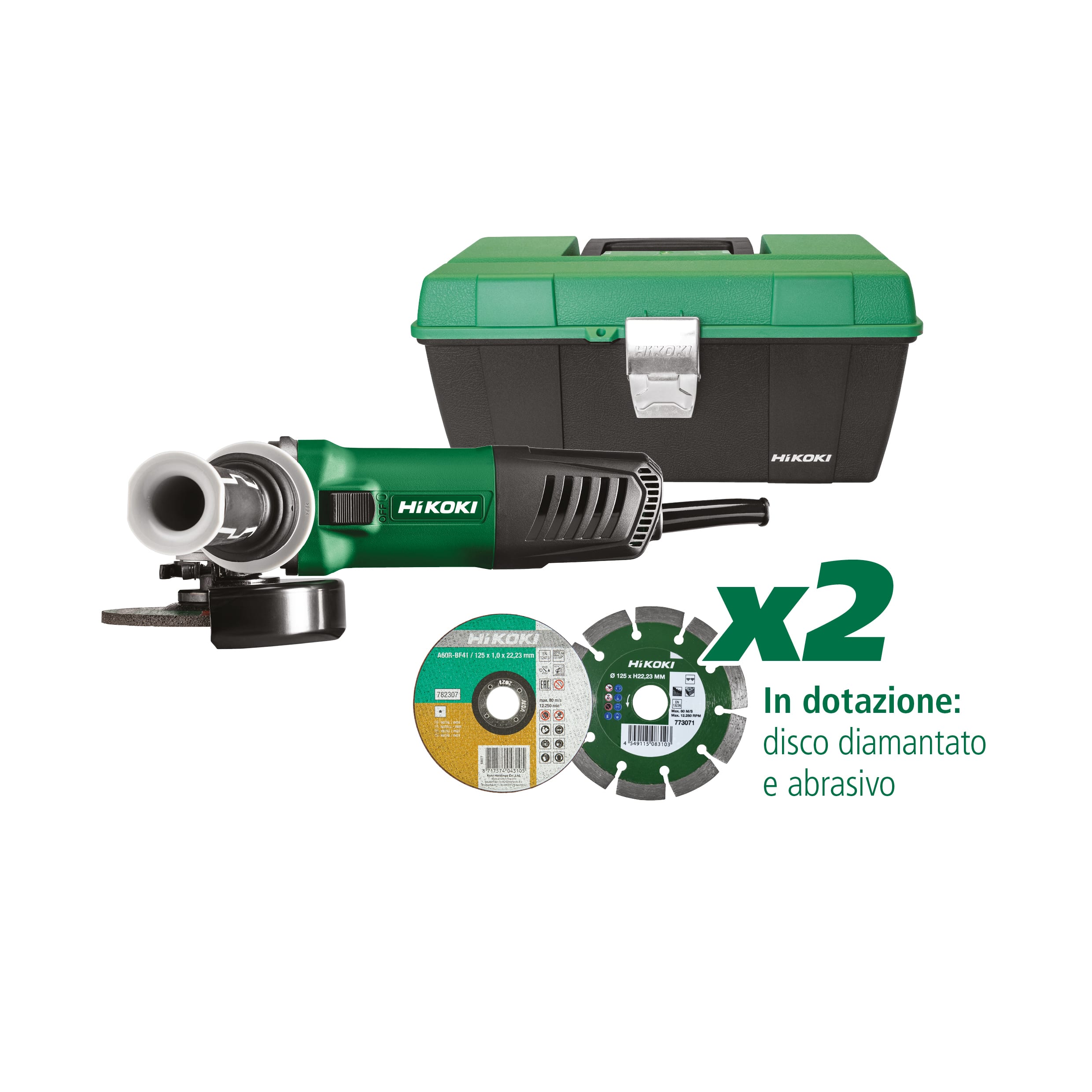 HIKOKI POWER TOOLS - Smerigliatrice Angolare 1200W, 11.500 giri/min, Diametro 115mm, Disco Abrasivo, Disco Diamantato, Valigetta.