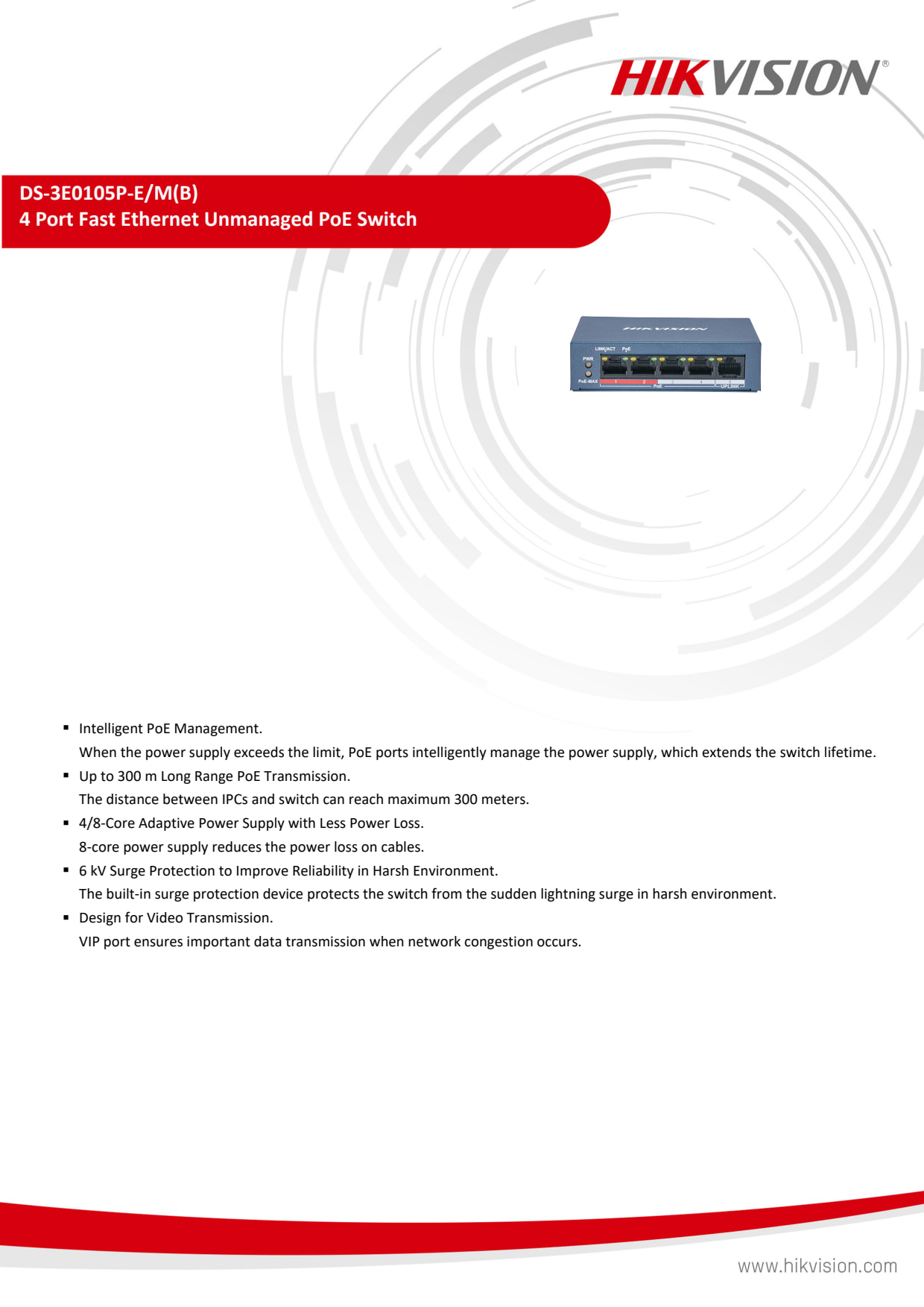 HIKVISION - DS-3E0105P-E/M SWITCH UNMANAGED 10/100 P