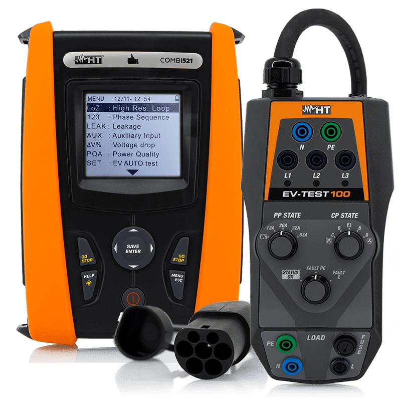HT INSTRUMENTS - Strumento per la verifica di sicurezza elettrica su stazioni di ricarica EVSE e impianti civili e industriali COMBI521EV COMBI521 CON EVTEST100.