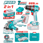 INECO - TRAPANO AVVITATORE A PERCUSSIONE 66 NM, 20 V + SMERIGLIATRICE ANGOLARE 115MM, 20V + 2 BATTERIE 4AH + CARICABATTERIE RAPIDO 4 A
