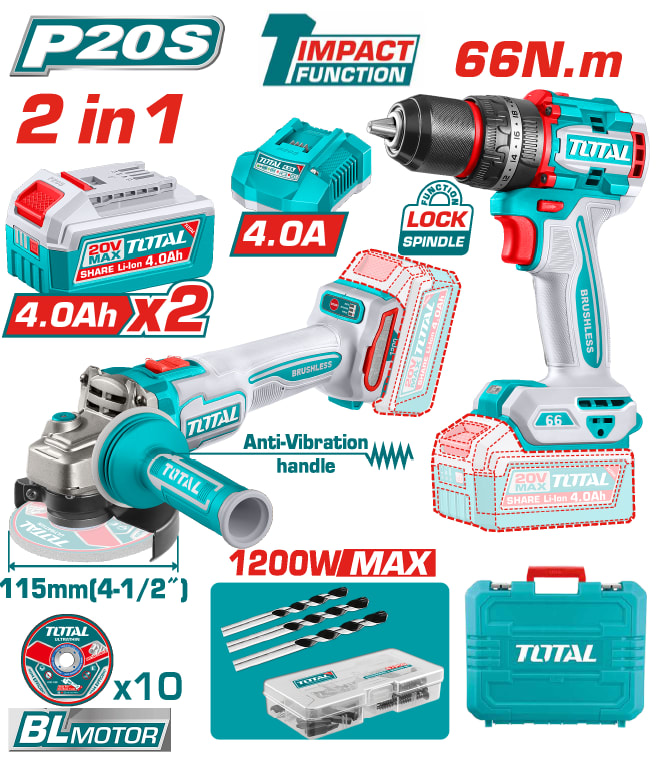 INECO - TRAPANO AVVITATORE A PERCUSSIONE 66 NM, 20 V + SMERIGLIATRICE ANGOLARE 115MM, 20V + 2 BATTERIE 4AH + CARICABATTERIE RAPIDO 4 A