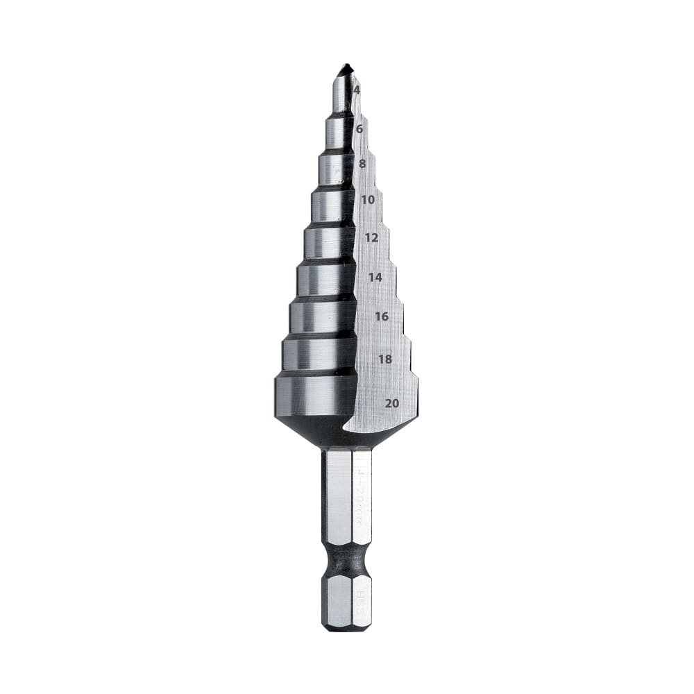 KRINO - UTENSILI CONICI A GRADINO IN HSS-G CON ATTACCO 1/4” Q.C. PER FORARE E ALLARGARE
LAMIERE E TUBI 4÷20