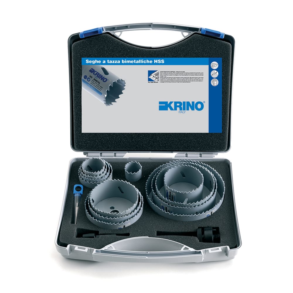 KRINO - ASSORTIMENTO SEGHE A TAZZA BIMETALLICHE HSS IN VALIGETTE DI PLASTICA Kit industriale 19-114