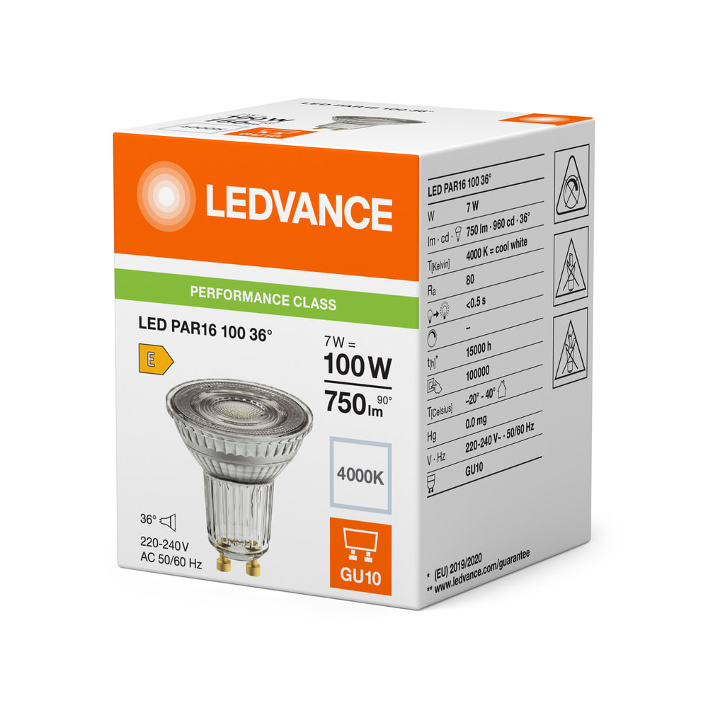 LEDVANCE - Lampada LED, 7W, 840 GU10, Bianco Freddo, E27, 560lm, 220-240V, 50/60Hz, 36°, Dimmerabile, Classe A+