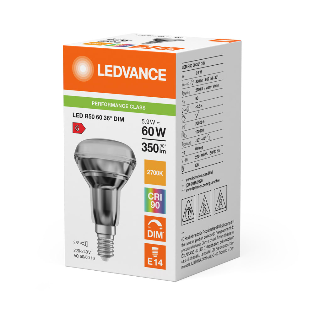 LEDVANCE - Lampadina LED R50, 5.9W, 927, Attacco E14, Dimmerabile
