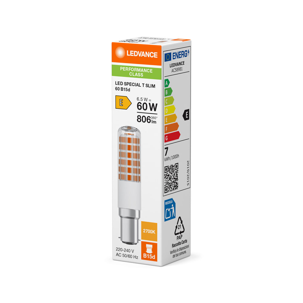 LEDVANCE - Lampada LED Speciale T Slim P 6.5W 827, Bianco Caldo, Attacco B15d