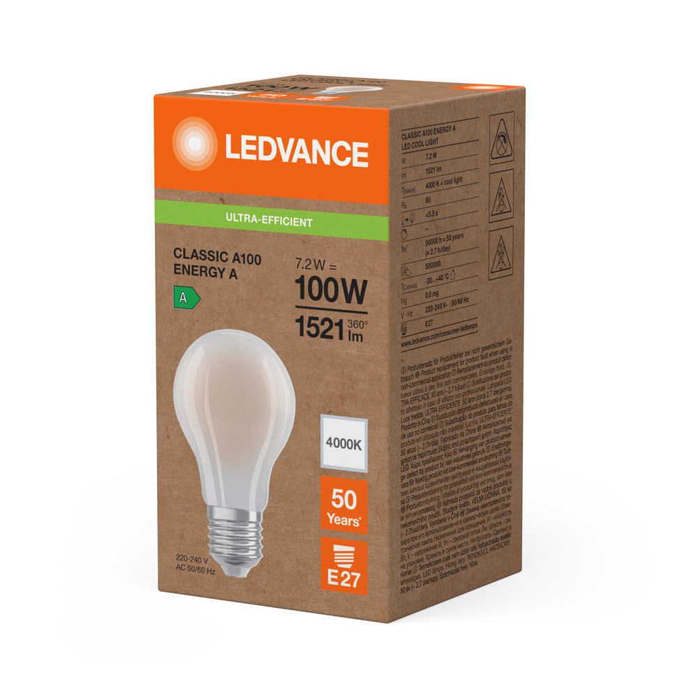 LEDVANCE - Lampadina LED, 7.2W, 840 Lumen, E27, Classe Energetica A