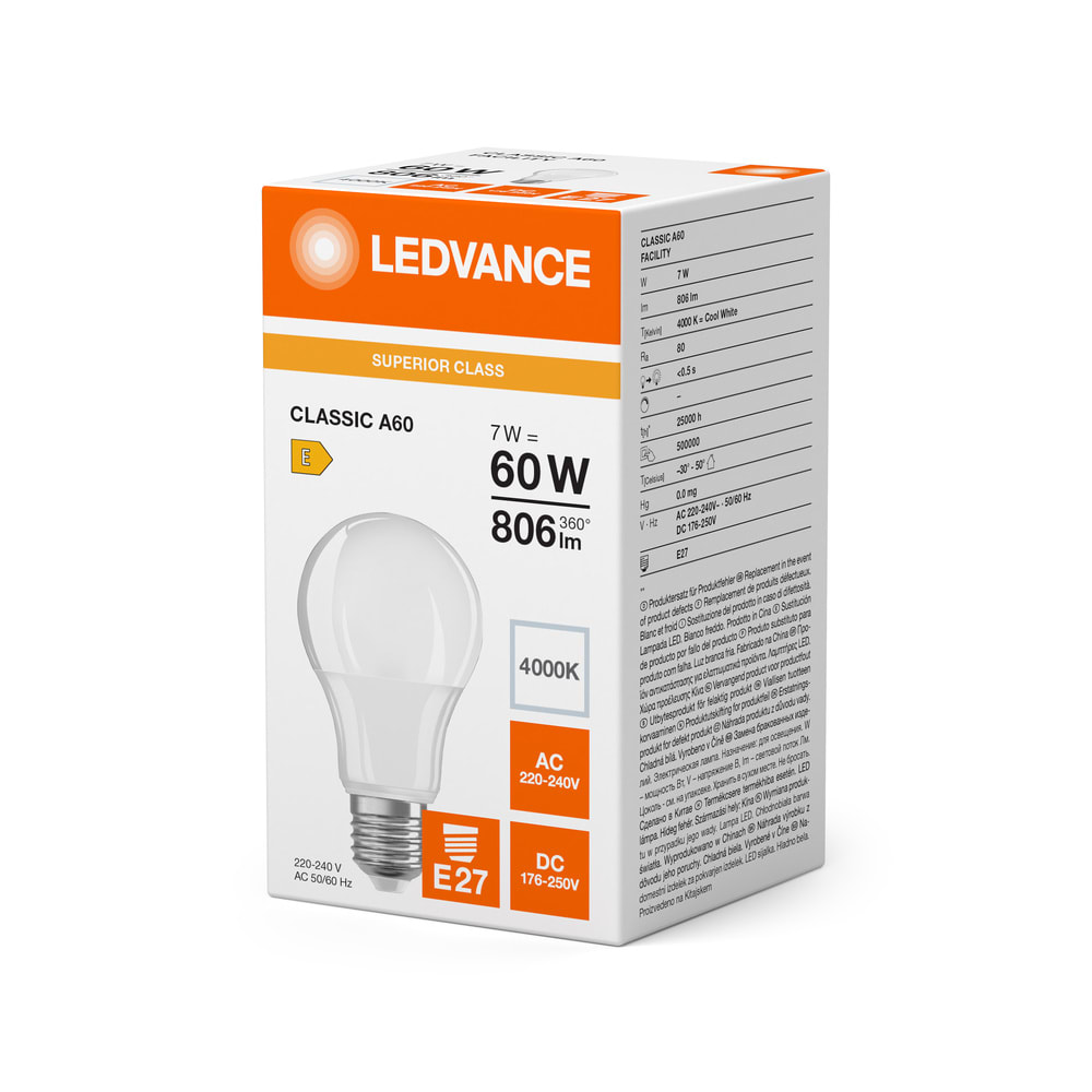 LEDVANCE - Lampade LED Classic per Impianti, 7W 840, Attacco E27