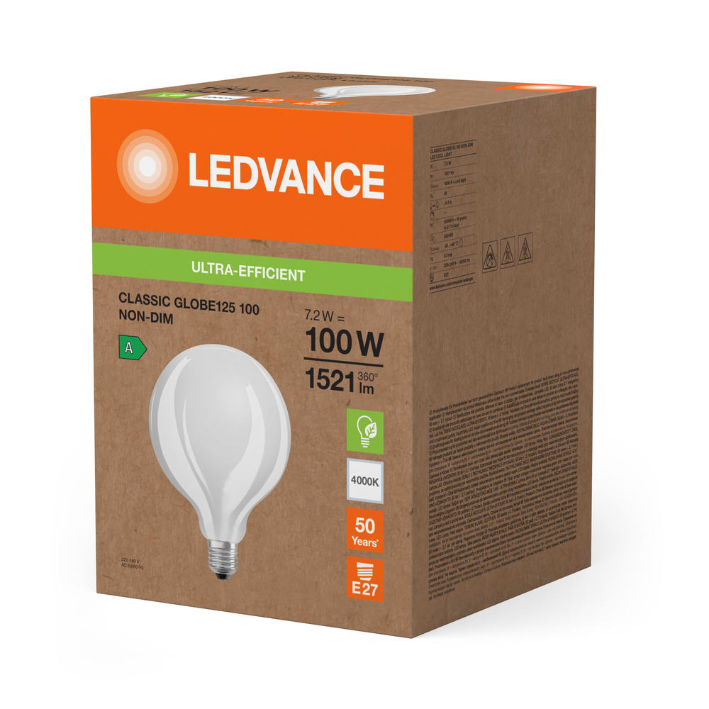 LEDVANCE - Lampadina LED, 7.2W, 840K, E27, S, Globe, Efficienza Energetica