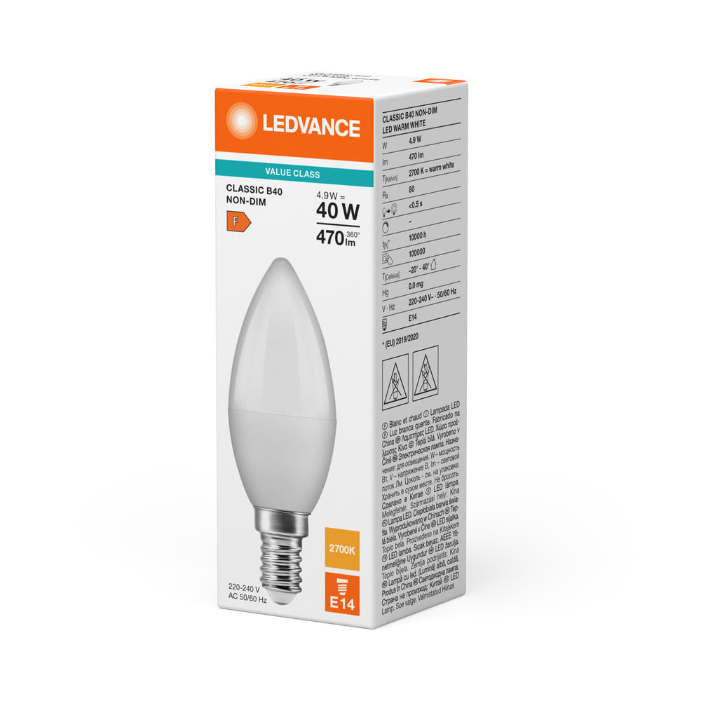 LEDVANCE - Lampadina LED, 4.9W, 827K, E14, Vetro Opaco