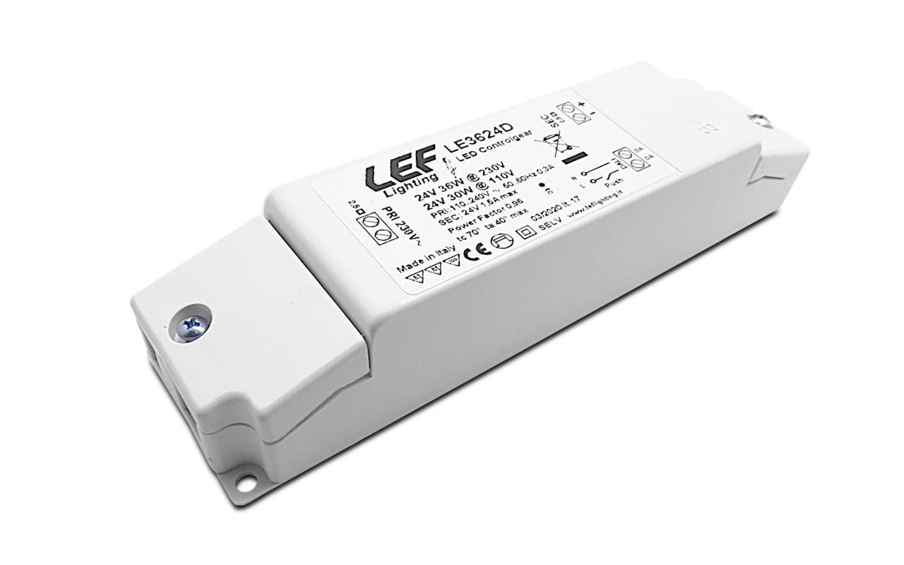 LEF LIGHTING - ALIMENTATORE LED TENSIONE COSTANTE 24Vdc 36W IP20 Dimmerabile DALI/PUSH