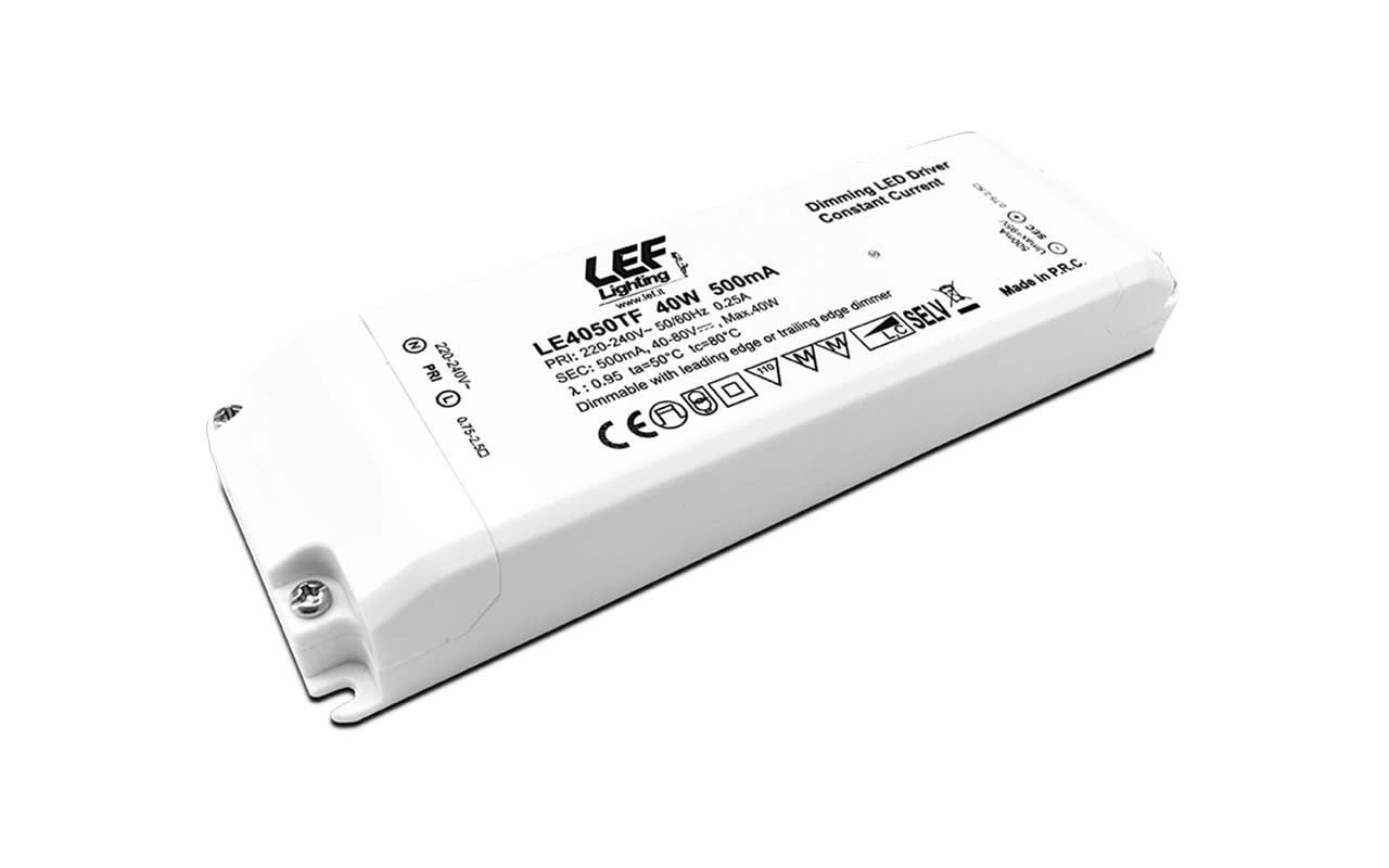 LEF LIGHTING - ALIMENTATORE LED CORRENTE COSTANTE 500mA 40-80Vdc 20-40W IP20 Dimmerabile a tag LE4050TF