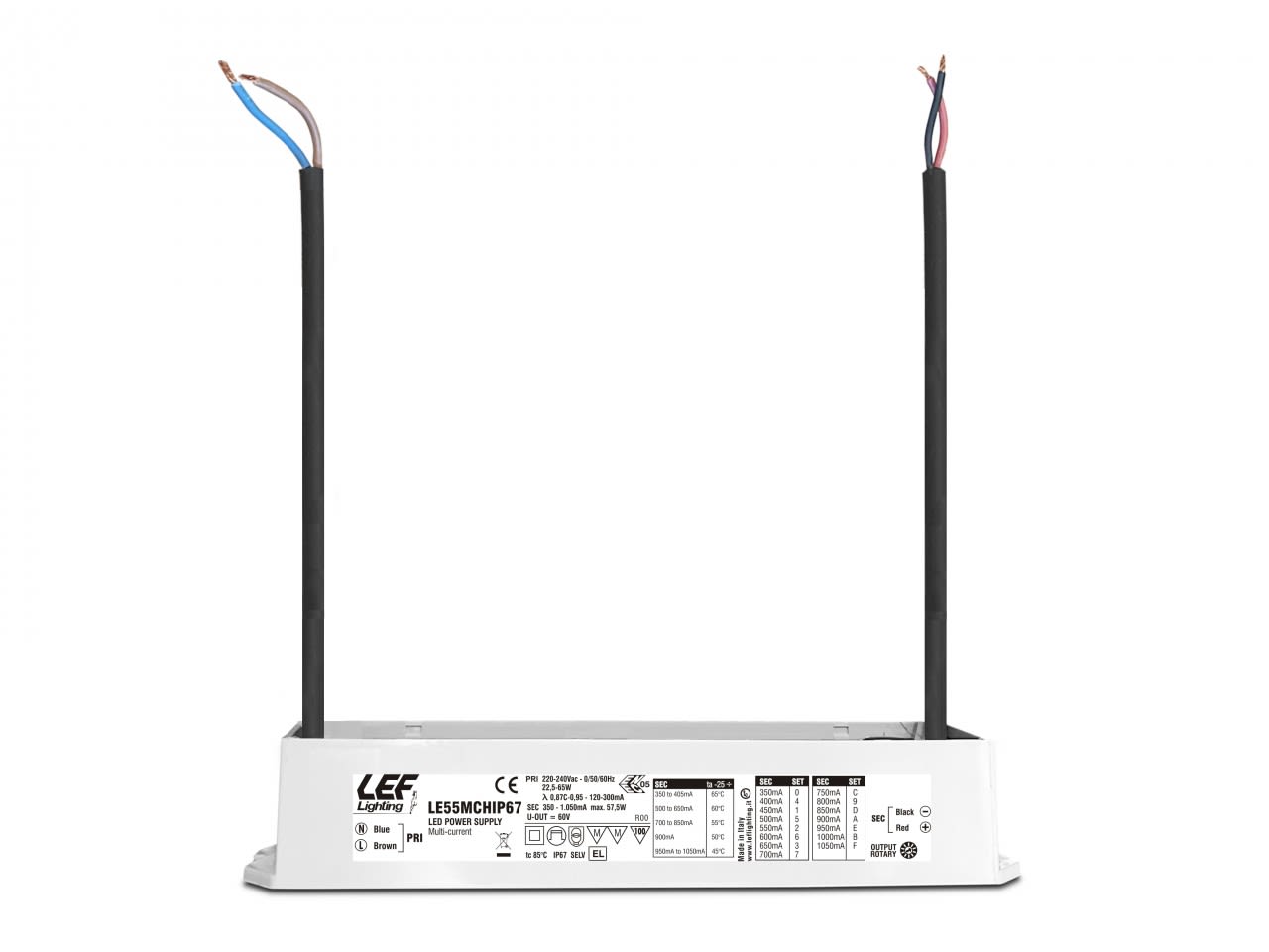 LEF LIGHTING - ALIMENTATORE LED MULTICORRENTE COSTANTE 350÷1050mA 19÷57W ON-OFF IP67