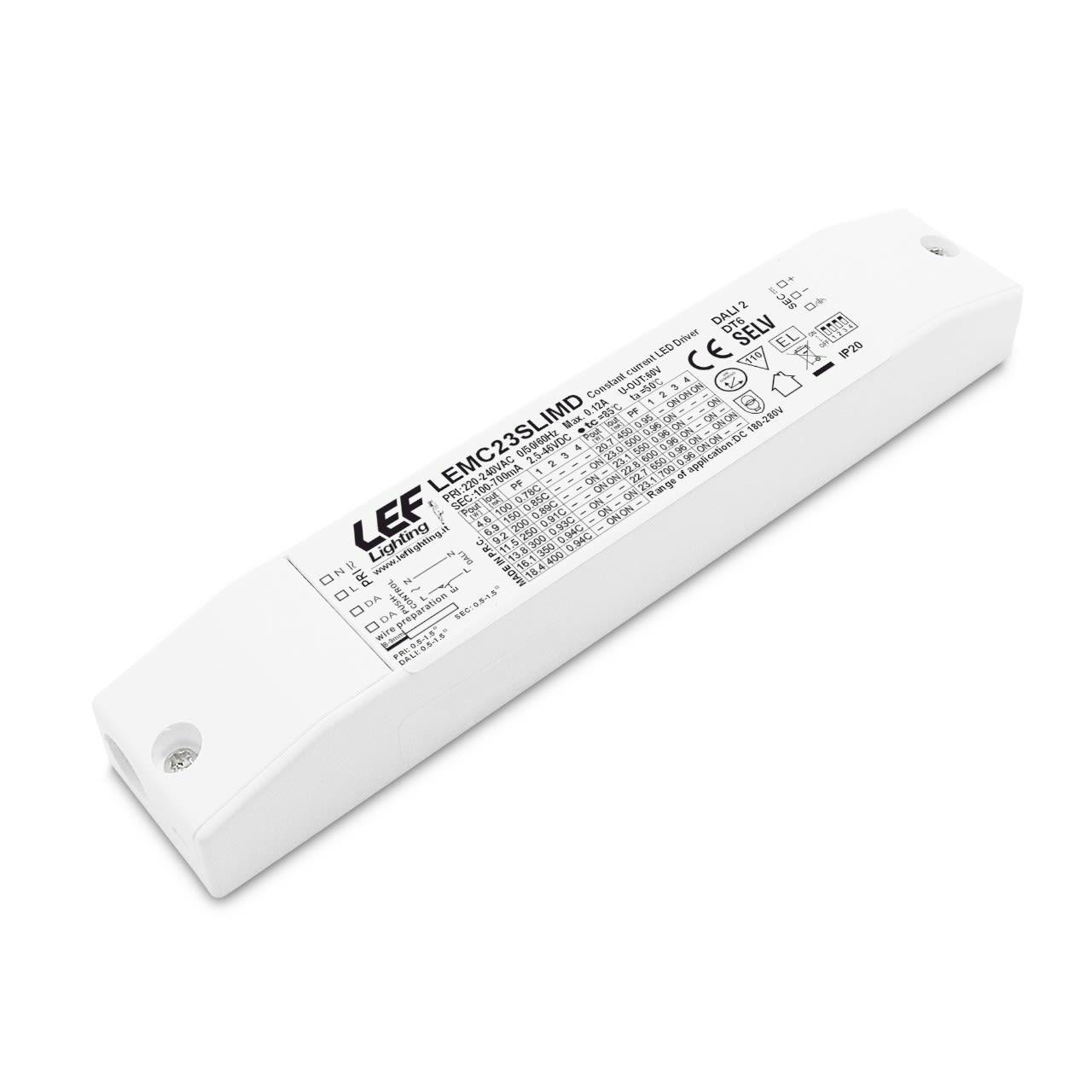 LEF LIGHTING - ALIMENTATORE LED MULTICORRENTE COSTANTE 100÷700mA 4,6÷23W IP20 DIMMERABILE DA LEMC23SLIMD