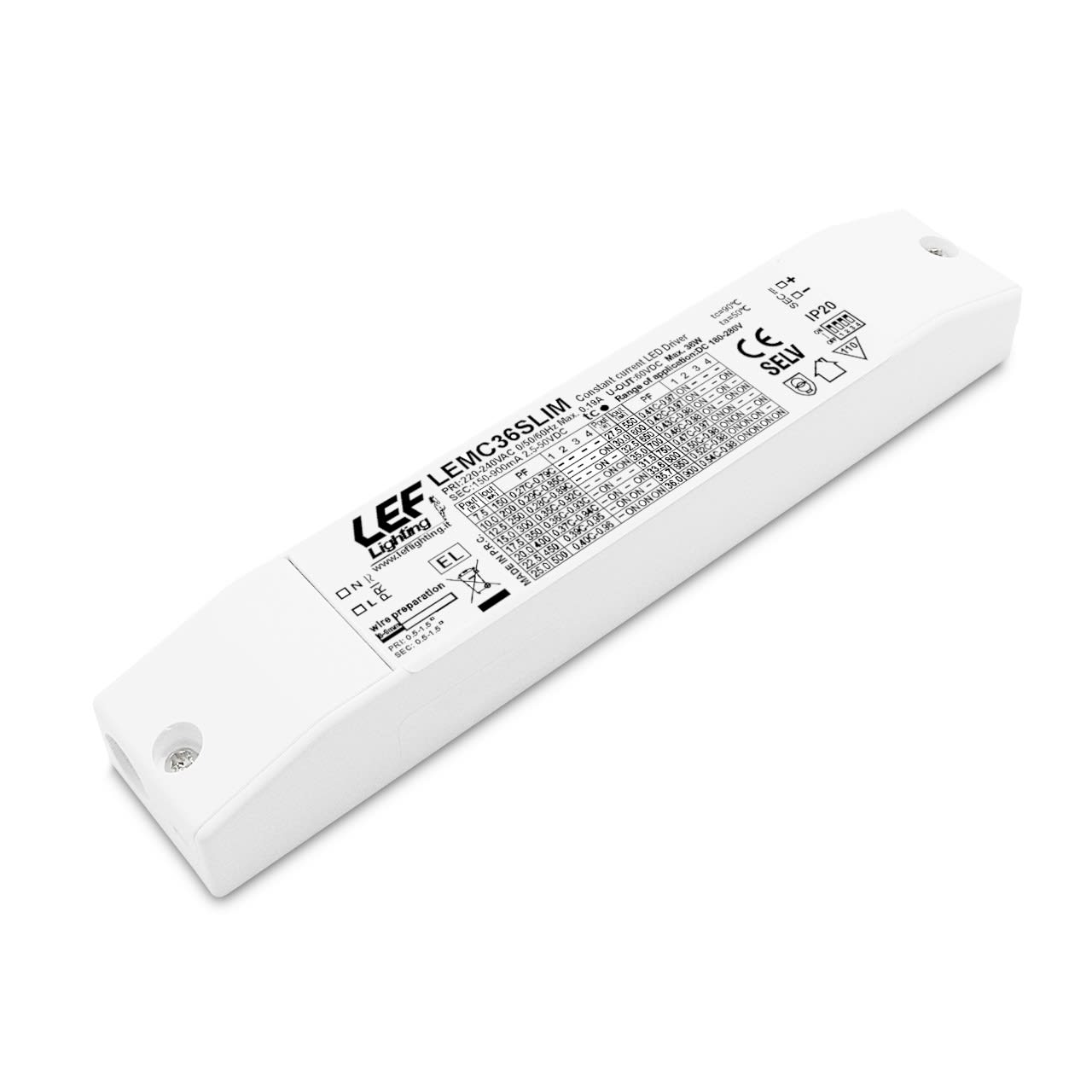 LEF LIGHTING - ALIMENTATORE LED MULTICORRENTE COSTANTE 150÷900mA 7,5÷36W IP20 ON-OFF LEMC36SLIM
