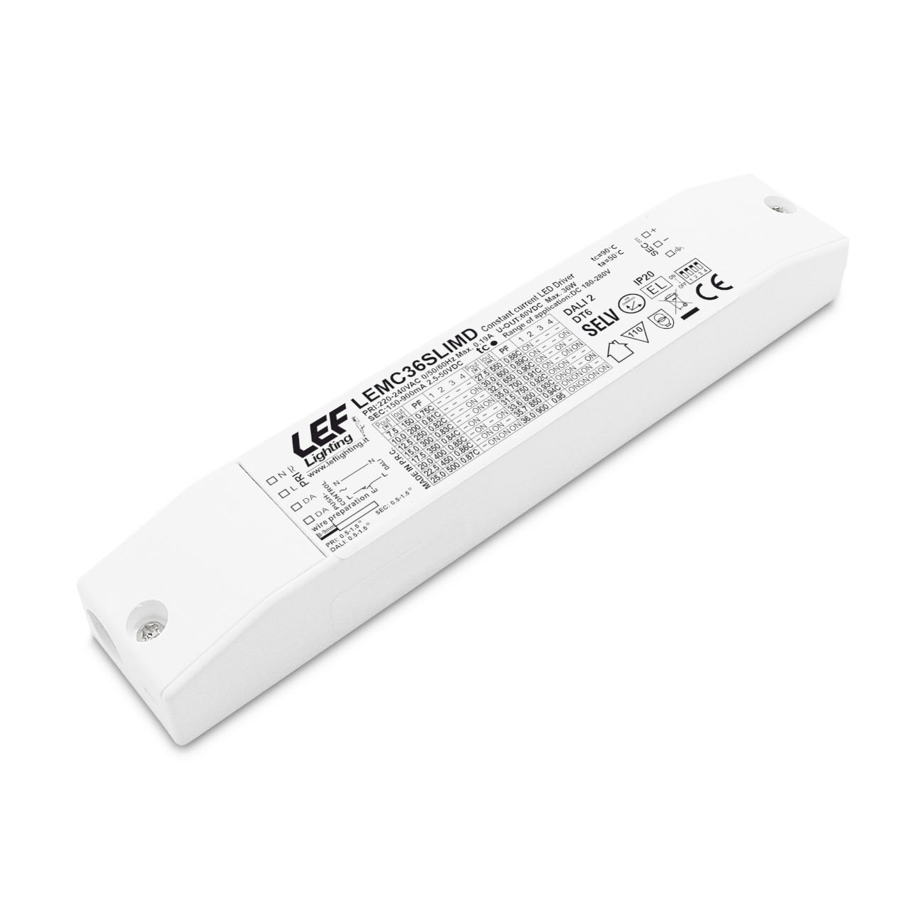 LEF LIGHTING - ALIMENTATORE LED MULTICORRENTE COSTANTE 150÷900mA 7,5÷36W IP20 DIMMERABILE DA LEMC36SLIMD