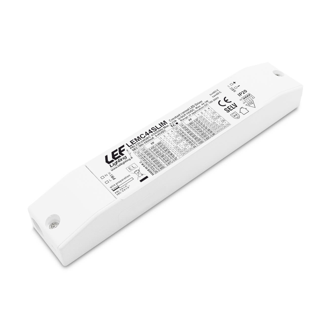 LEF LIGHTING - ALIMENTATORE LED MULTICORRENTE COSTANTE 300÷1050mA 14,7÷44W IP20 ON-OFF LEMC44SLIM