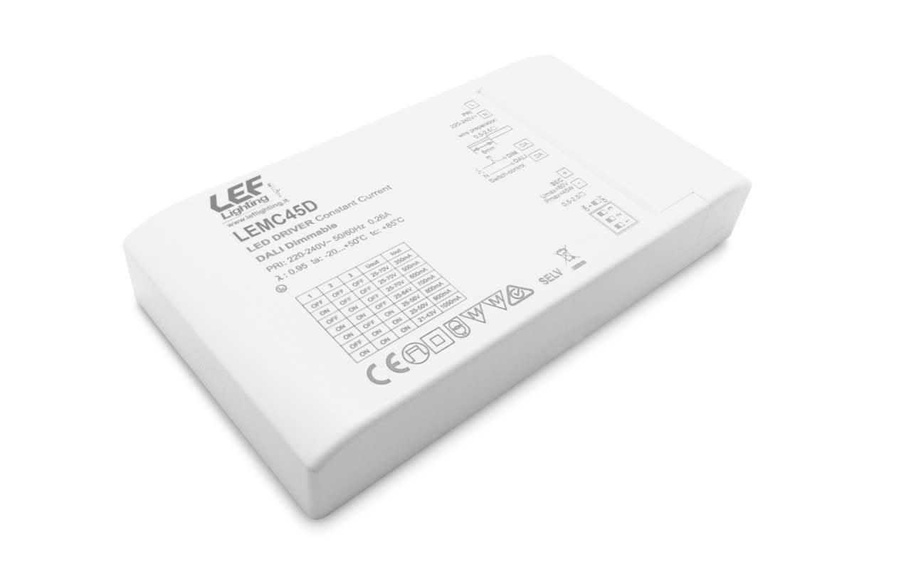 LEF LIGHTING - ALIMENTATORE LED DRIVER 350÷1050MA 24÷45W DIMMERABILE CON SEGNALE DALI/PULSAN LEMC45D