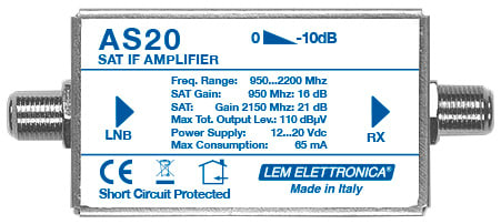 LEM ELETTRONICA - Amplificatore di linea AS20 IF-SAT, equalizzato, guadagno (Max. 21dB) regolabile.