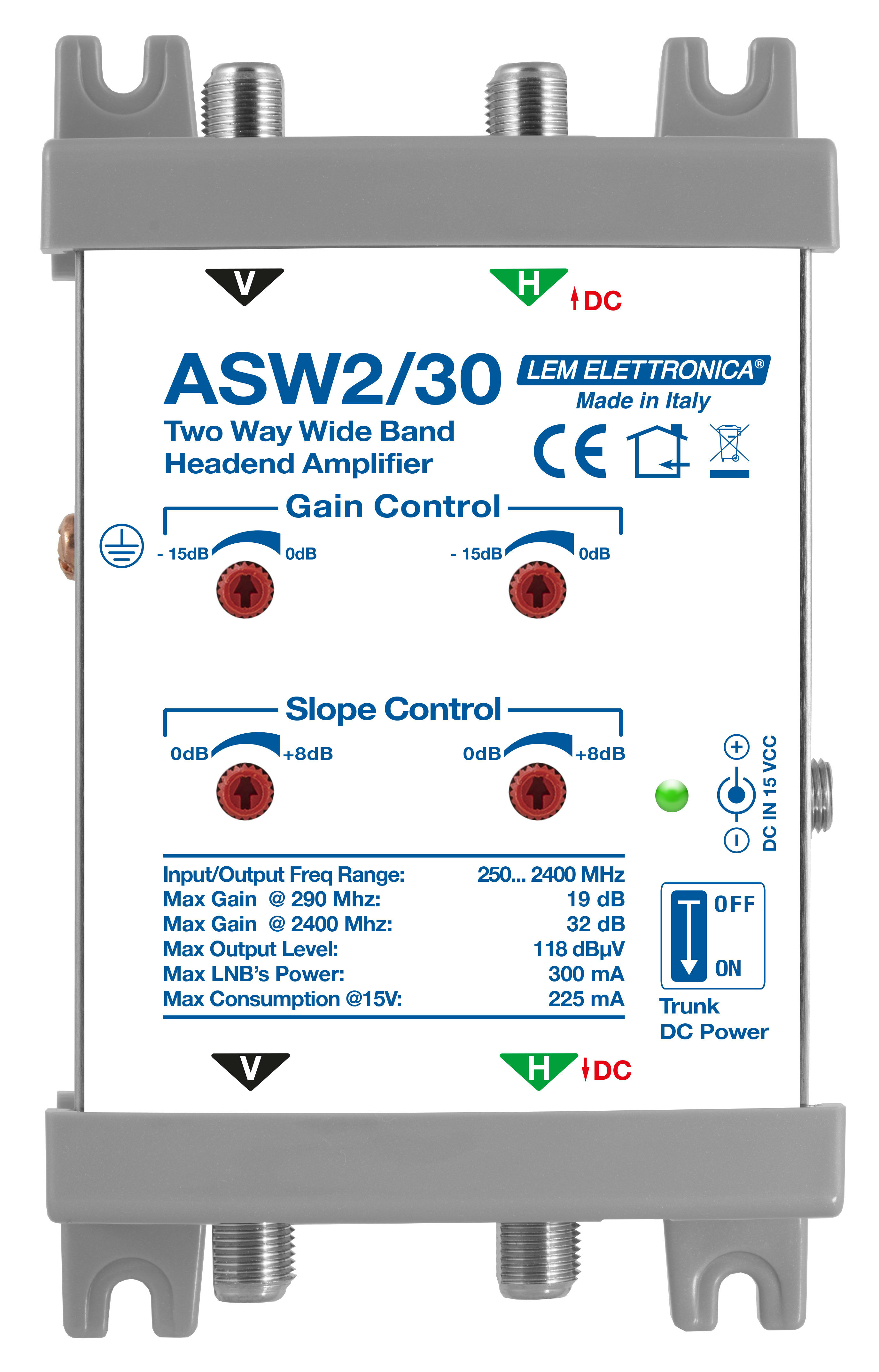 LEM ELETTRONICA - Amplificatore di testa ASW2/30 Wide Band con 2 ingressi (singolo Satellite LNB Wide Band), fornito con alimentatore esterno, guadagno (Max. 32 dB) e pendenza slope regolabili.