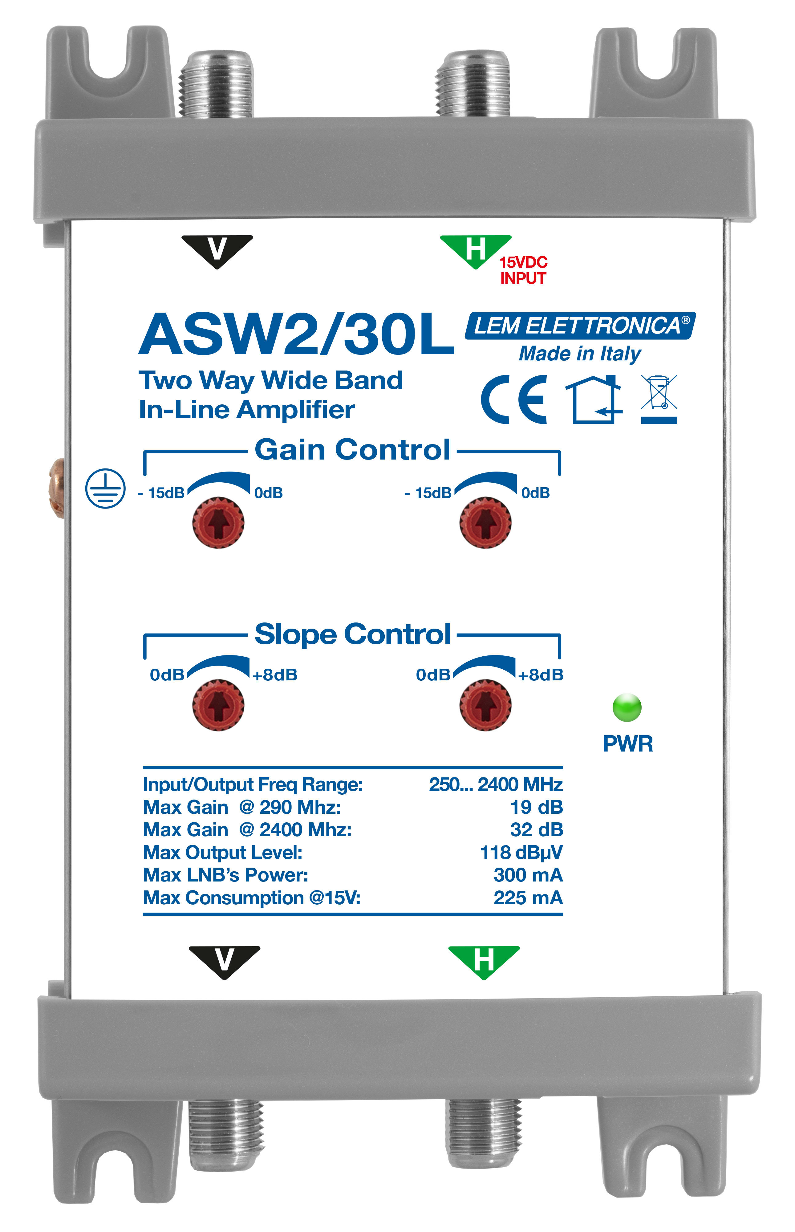 LEM ELETTRONICA - Amplificatore di linea ASW2/30L Wide Band con 2 ingressi (singolo Satellite LNB Wide Band), alimentazione da cavo coassiale, guadagno (Max. 32 dB) e pendenza slope regolabili.
